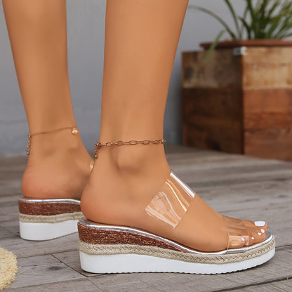 [Small Height Increase Heels Sandals] Fashionable Transparent Single-word Thick-soled Slope Heel Sandals For Women, New Style In Summer, Sponge Cake Style, Small Height Increase, Casual High Heels.