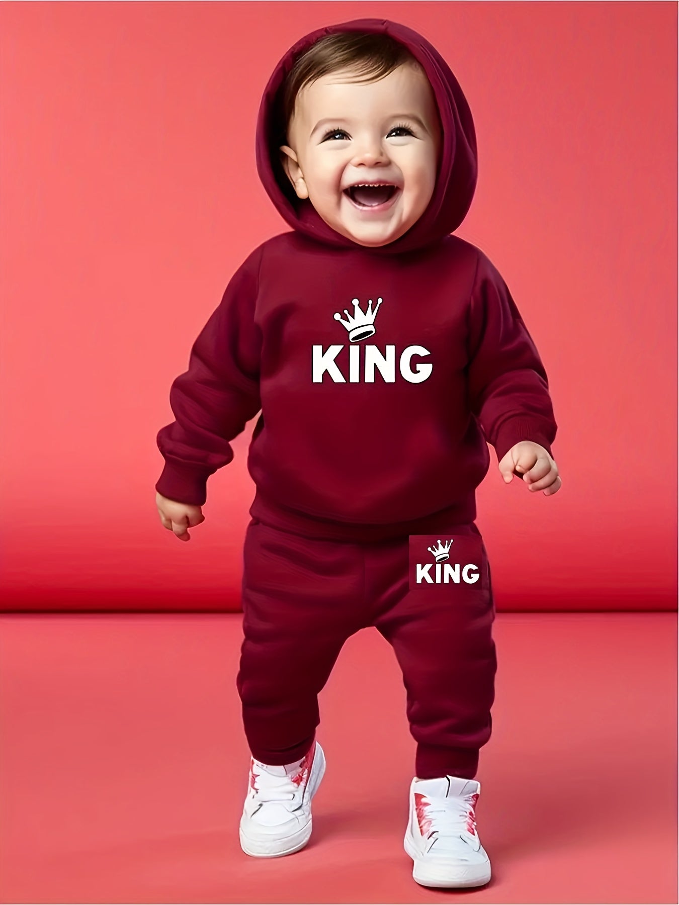 Boys' 2pcs Fall/Winter Outfit, Warm Crew Neck Sweatshirt with "KING" Print & Long Sleeves, Rib-Knit Polyester Knit Fabric, Regular Fit with Matching Pants, Alphabet Pattern, Sports Style, for Outdoor