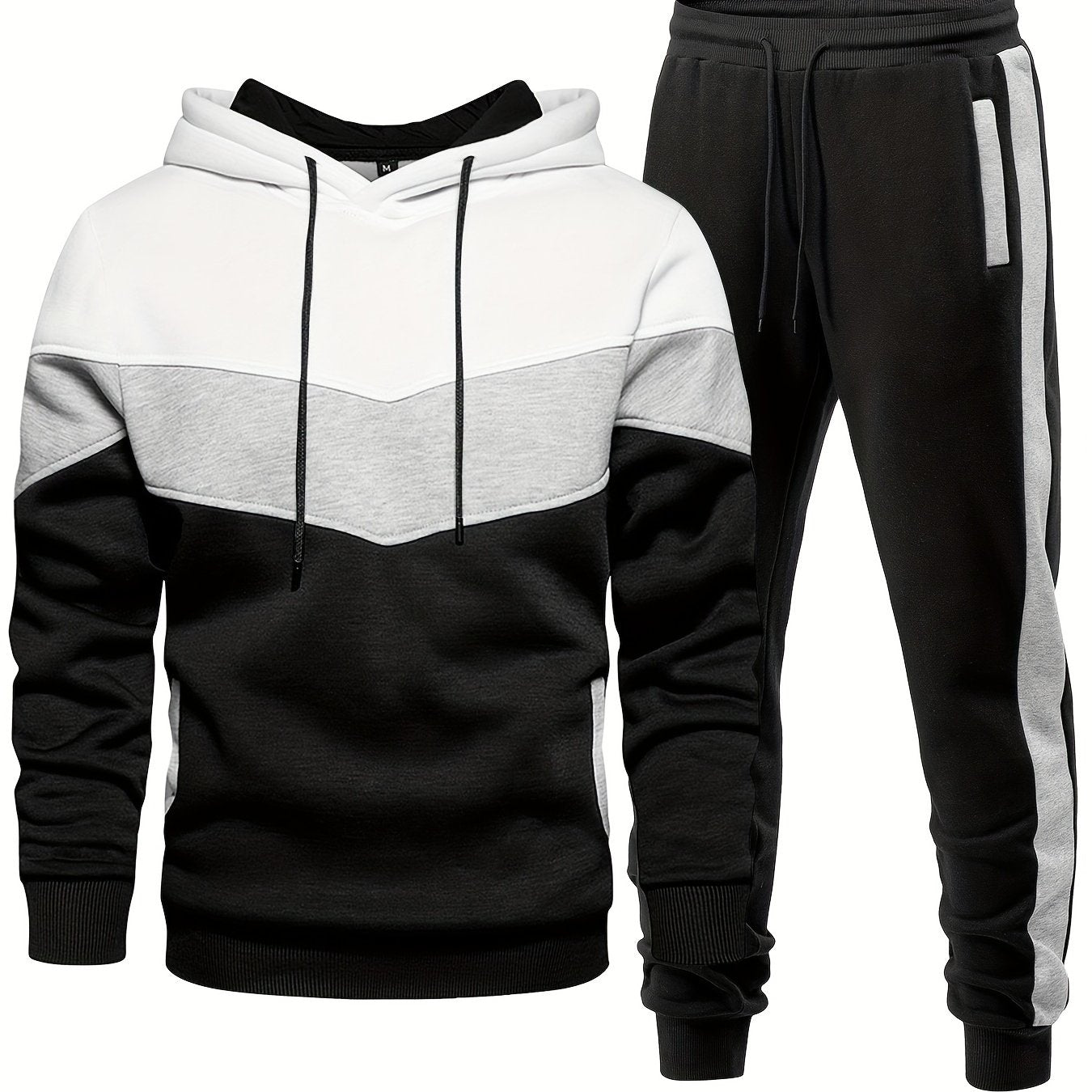 [2-piece Athletic Tracksuit Set] 2-piece Color Block Men's Athletic Tracksuit Set, Casual Long Sleeve Hoodie With Drawstring And Jogging Pants Set For Gym Workout Running