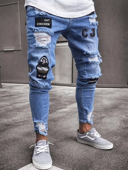 [Skinny Ripped Men Jeans] Men Casual Skinny Ripped Jeans, Stretch Distressed Slim Fit Pants, Destroyed Zipper Holes Embroidery Trousers