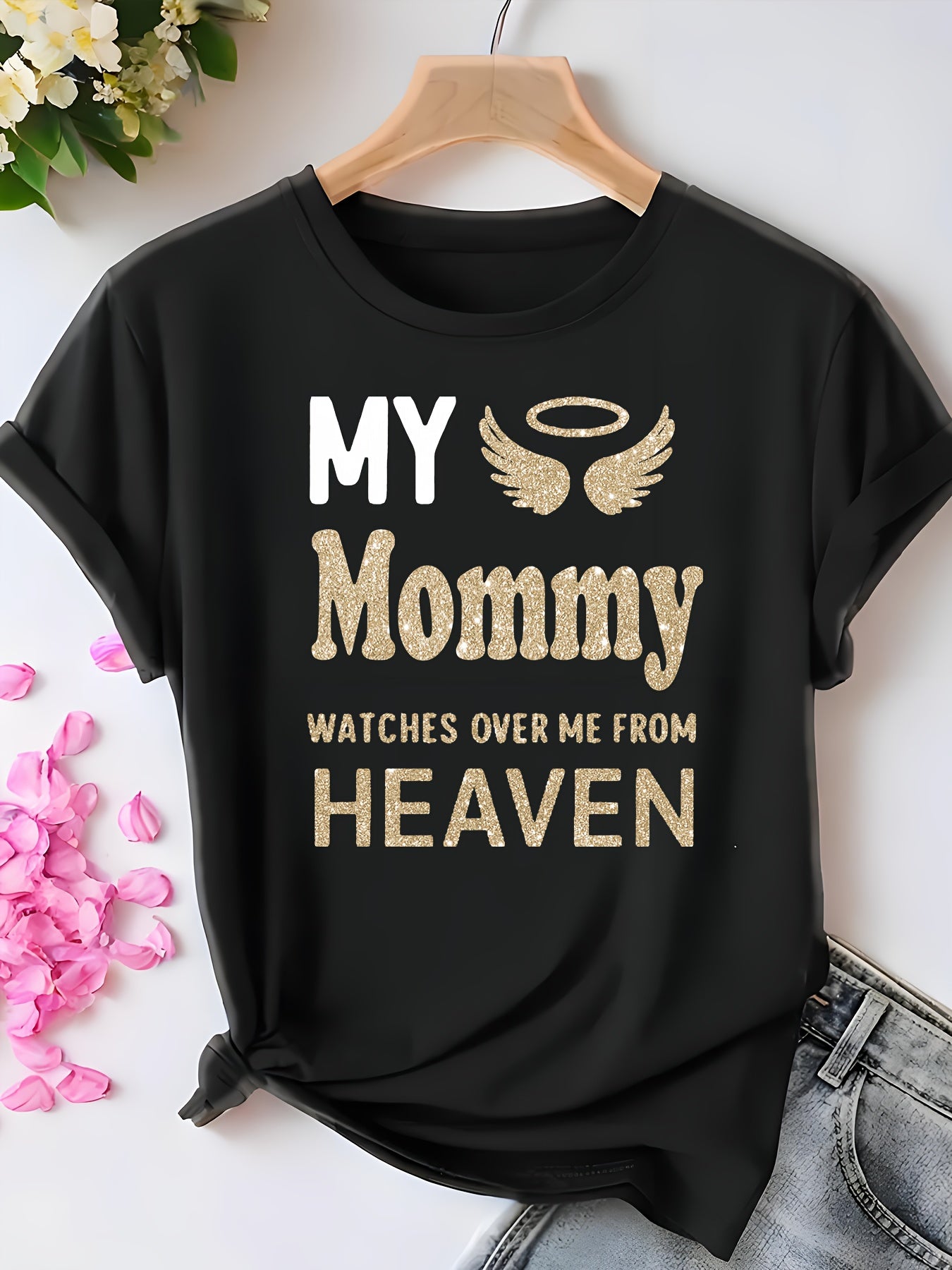 Women'S "My Mommy Watches Over Me from Heaven" Graphic T-Shirt - Casual Crew Neck, Short Sleeve, Comfortable Knit Top, Machine Washable, Ideal for Outdoor Activities and Casual Attire, Ladies T Shirts