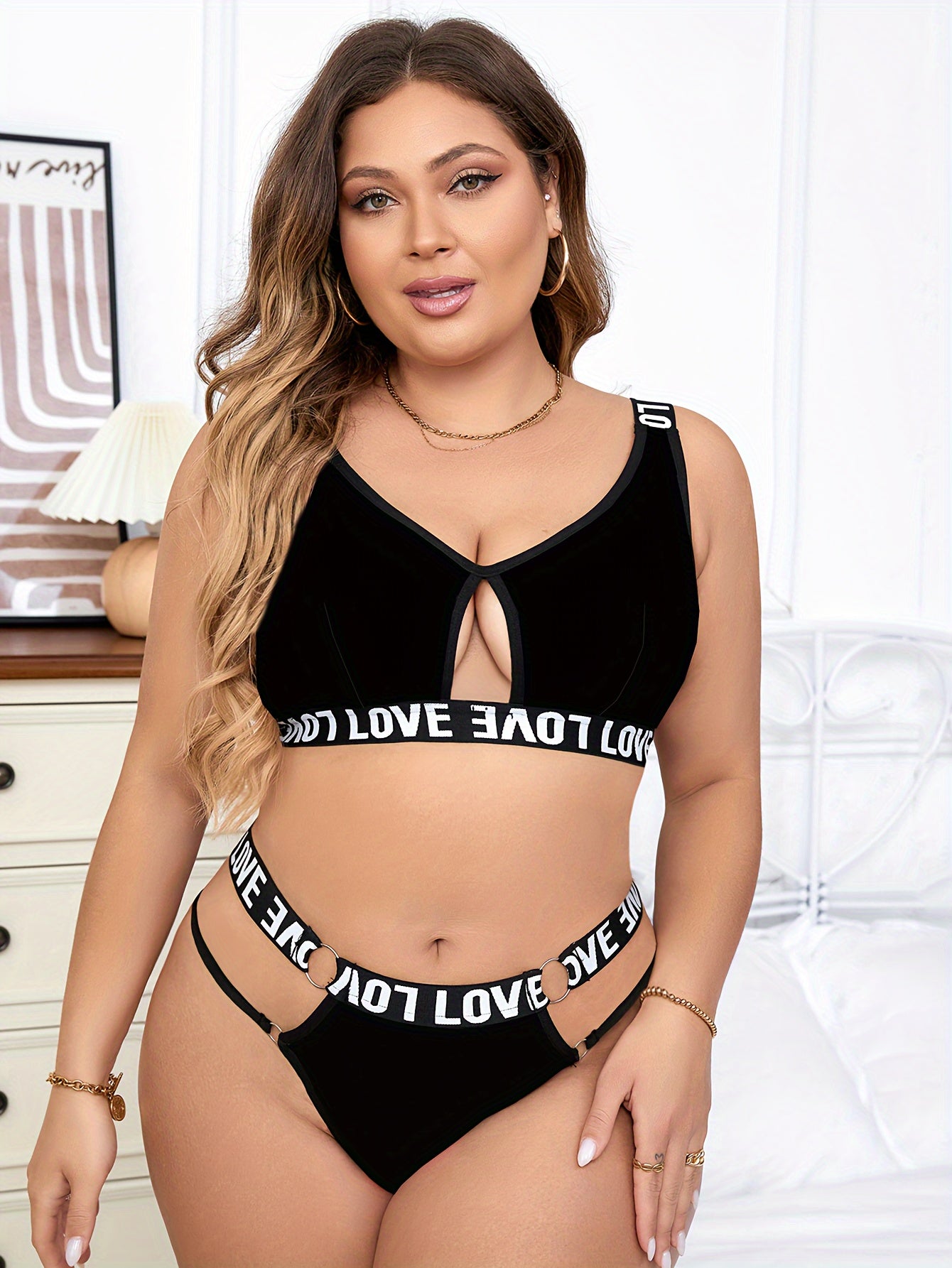 Women's Plus Sexy Lingerie Set - Plus Size Heart Print Letter Tape Cut-out Ring Linked Bra & Panty Lingerie 2 Piece Set - For Women - Perfect for Romantic Occasions - Ideal Gift for Her