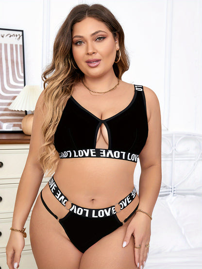 Women's Plus Sexy Lingerie Set - Plus Size Heart Print Letter Tape Cut-out Ring Linked Bra & Panty Lingerie 2 Piece Set - For Women - Perfect for Romantic Occasions - Ideal Gift for Her