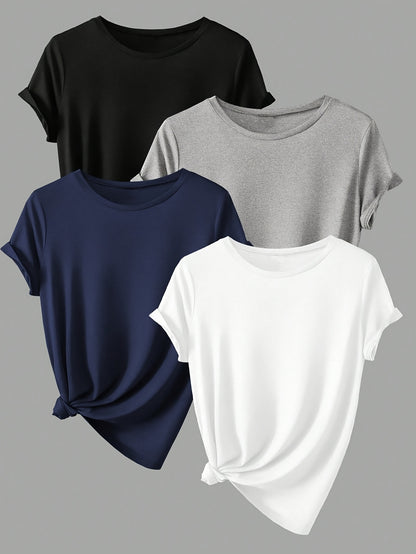 4pcs Spring & Summer Casual Crew Neck Short Sleeve Solid T-Shirt - Women's Clothing