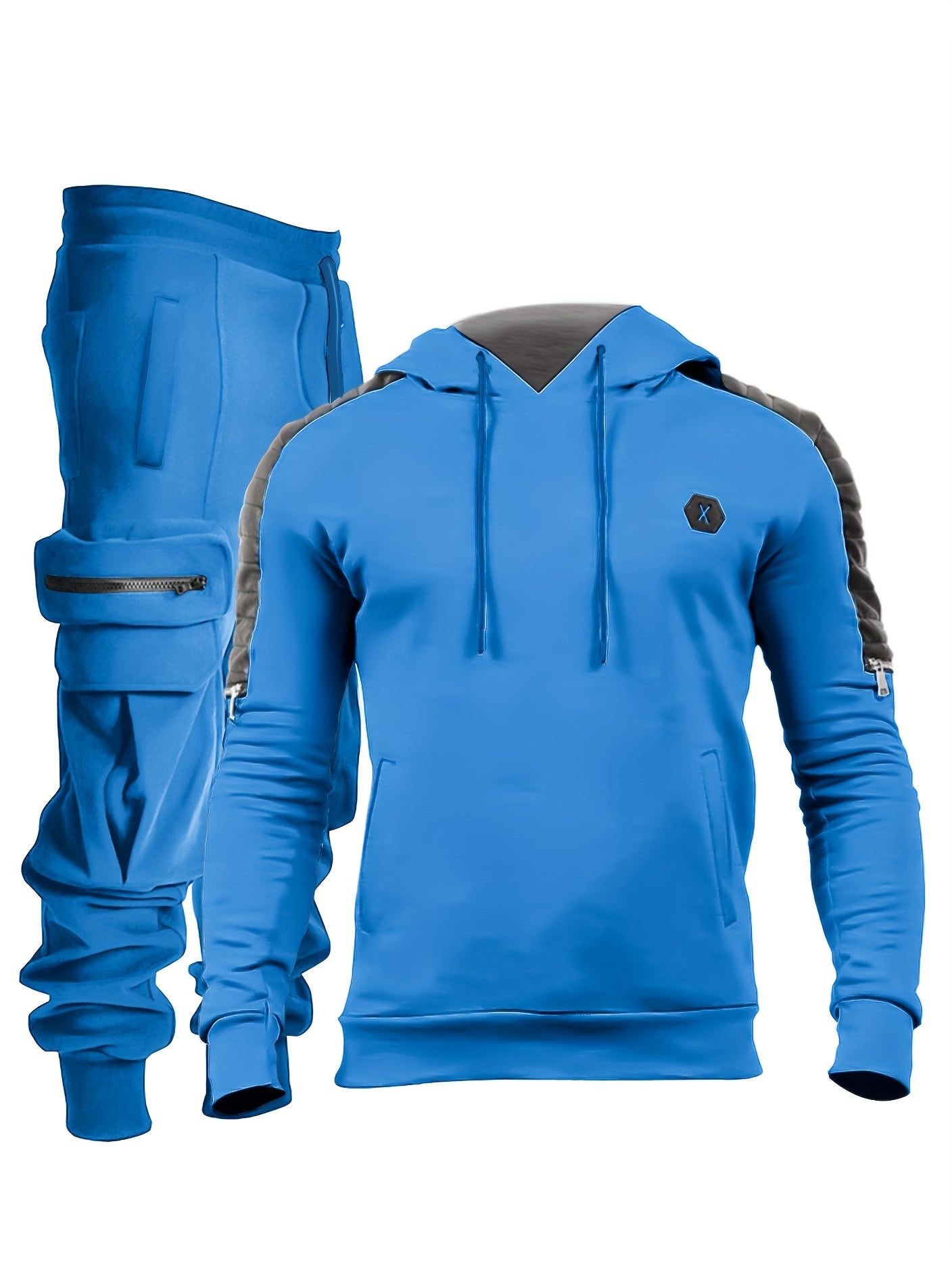 Men's Casual 2pcs Set - High Stretch Sports Hoodie & Multi Pocket Joggers Matching Set For Gym Workout Training - Polyester & Spandex Blend - Suitable for Sports & Casual Wear - Perfect Gift for Fitness Enthusiasts