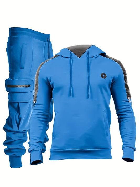 Men's Casual 2pcs Set - High Stretch Sports Hoodie & Multi Pocket Joggers Matching Set For Gym Workout Training - Polyester & Spandex Blend - Suitable for Sports & Casual Wear - Perfect Gift for Fitness Enthusiasts