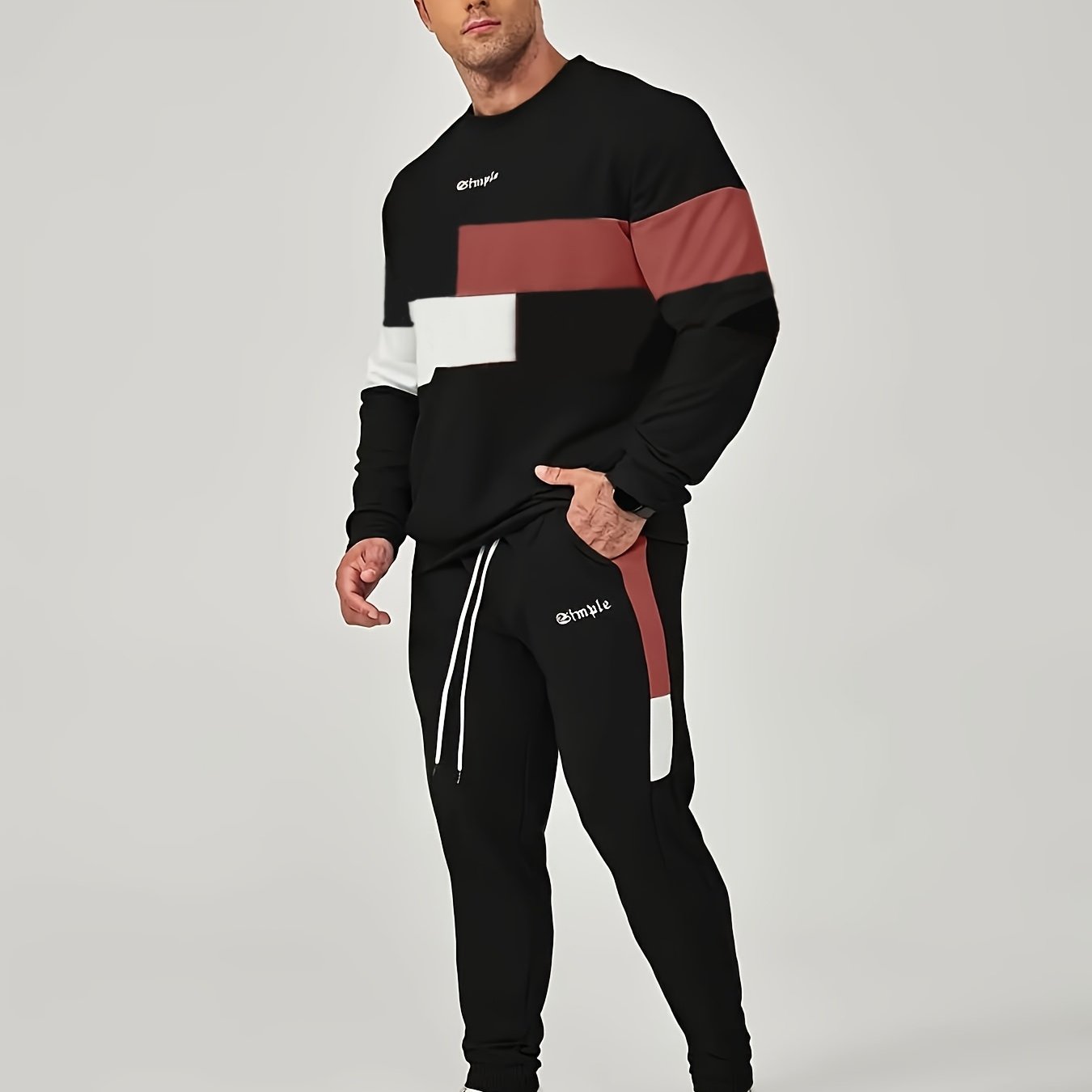 Men'S Color Blocked 2pcs Set, Casual Round Neck Long Sleeved Sweatshirt And Sweatpants Jogging Pants Set For Winter And Autumn, Men'S Clothing