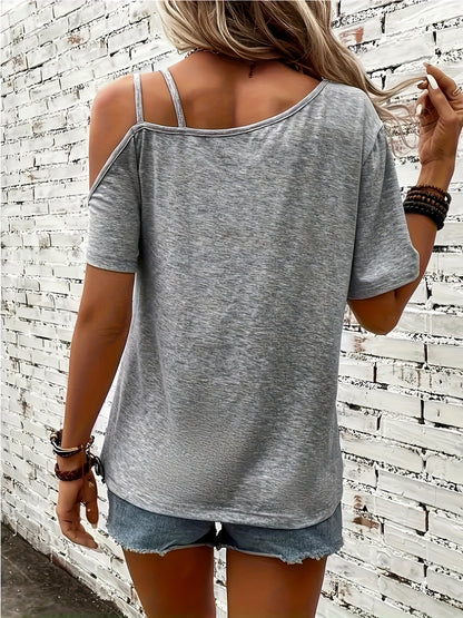 Casual Cold Shoulder Heart Print - Short Sleeve Backless Asymmetrical Top, Women's Clothing T-shirt