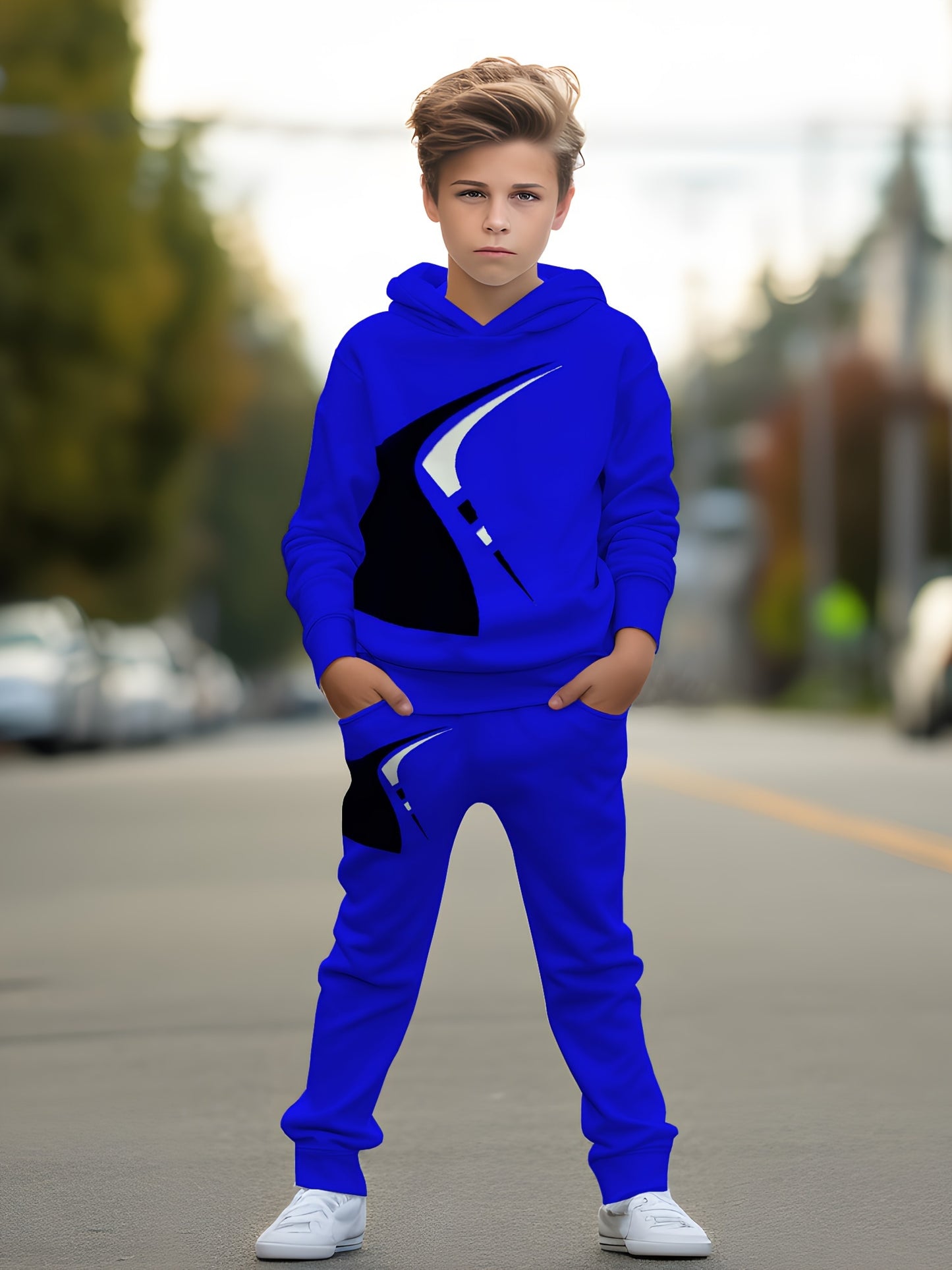 Boys' Cool Blue Flame 3D Print Hoodie & Joggers Set - Casual, Comfy Polyester Blend Outfit for Fall/Winter, Perfect for Outdoor