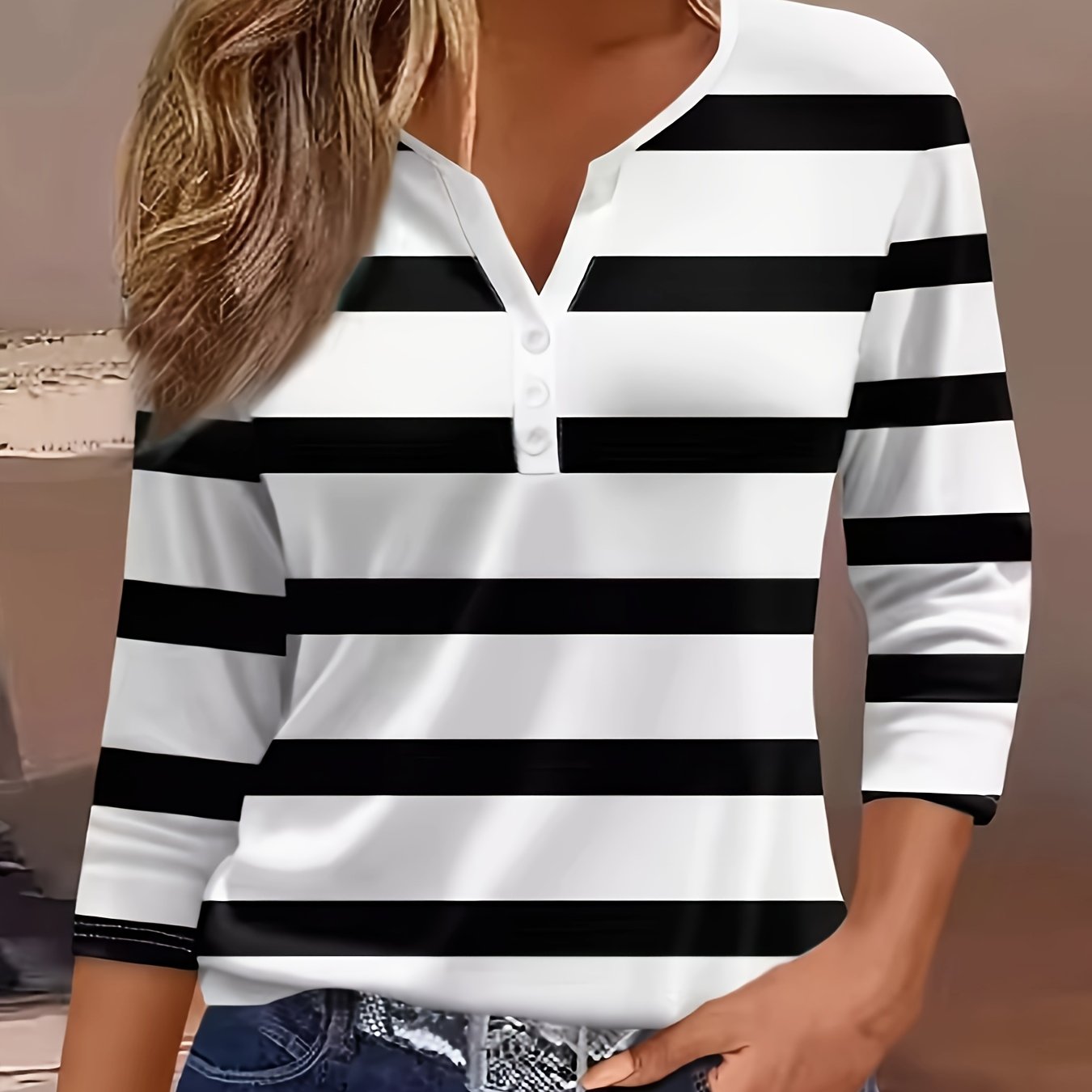 Women'S Casual V-Neck T-Shirt with All Over Striped Print, Three Quarter Sleeve, Knit Polyester Fabric, Regular Length - Spring/Summer/Fall Fashion Top