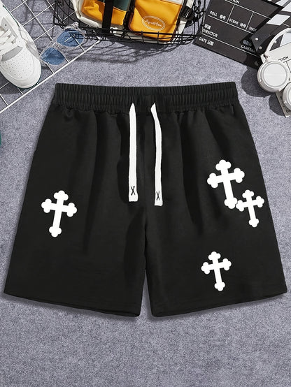 Black Polyester Casual Shorts - Regular Fit, Drawstring, Machine Washable & Dry Cleanable, Knit Fabric with White Cross Design