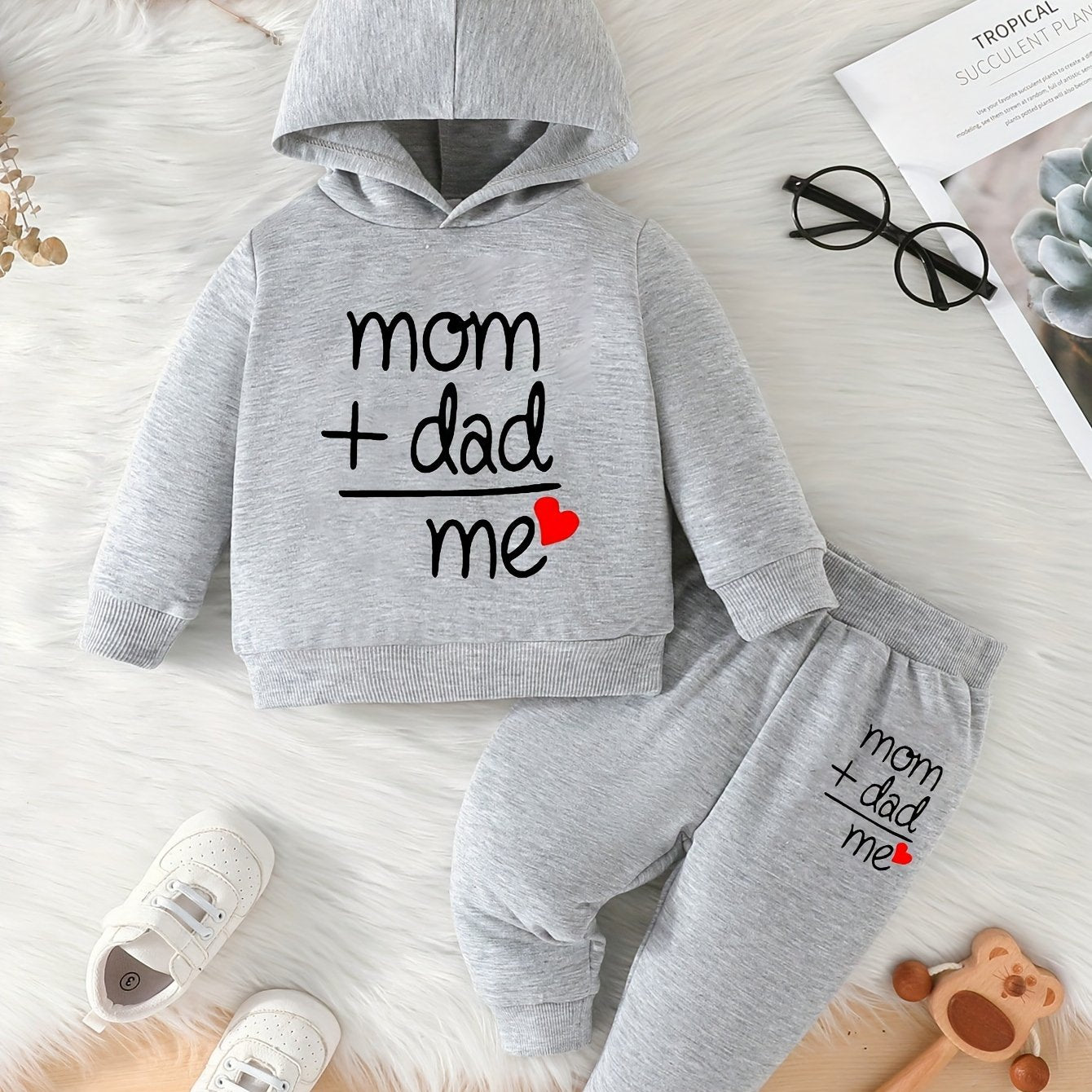 Two-piece Youngsters Boys Fashion Casual Spring and Autumn New Valentine's Day Father's Day Mother's Day Love Love Dad Mom Letter Pattern Long Sleeve Hoodie and Pants Combination Set, Perfect for Outdoor