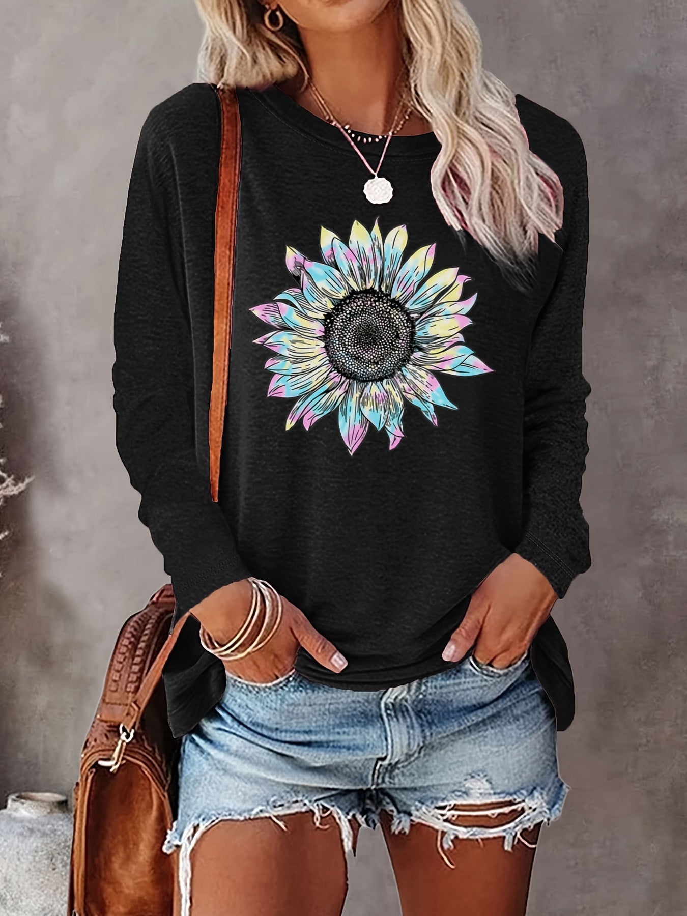 Casual Long Sleeve Sunflower Print Crew Neck Top - Women's Clothing for Spring & Fall