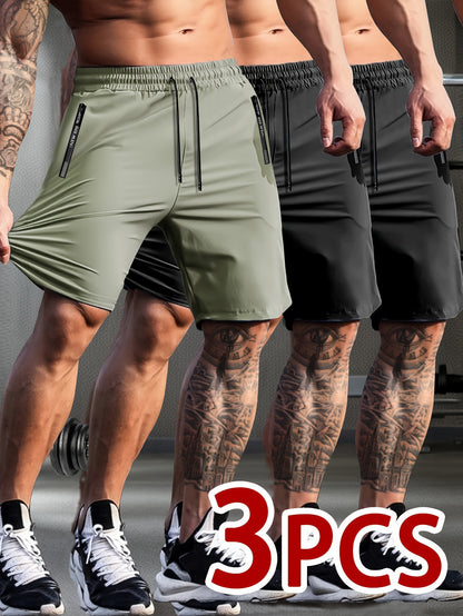 Set of 3 Breathable High-Elastic Drawstring Waist Shorts with Zipper Pockets for Men'S Casual Sports And Jogging.