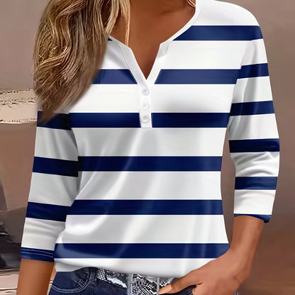 Women'S Casual V-Neck T-Shirt with All Over Striped Print, Three Quarter Sleeve, Knit Polyester Fabric, Regular Length - Spring/Summer/Fall Fashion Top