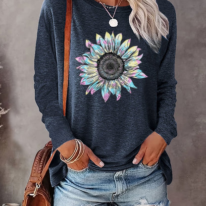 Casual Long Sleeve Sunflower Print Crew Neck Top - Women's Clothing for Spring & Fall