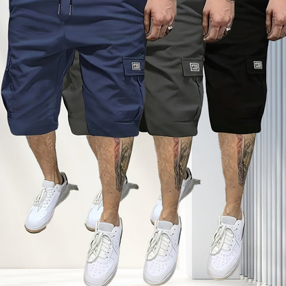 Summer 3-Pack Men's Casual Cargo Shorts - 100% Polyester, Solid Color, Regular Fit with Pockets - 390g/m² Non-Stretch Fabric, Loose Straight Leg Sports Trousers