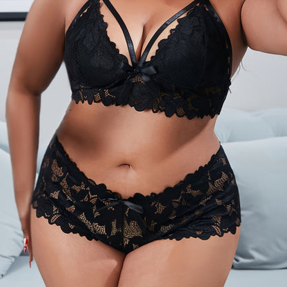 Women's Plus Size Sexy Lingerie Set - Floral Appliques Bow Knot Strappy Lace Bra & Panty - For Curvy Women - Perfect for Romantic Occasions - Ideal Gift for Her