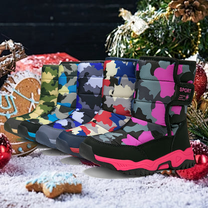 Youngsters' High-Top Winter Snow Boots - Warm Insulated TPR Sole & EVA Cushion, Camouflage Pattern (Blue/Black/Pink/Beige) | Unisex Youngsters & Youth Cold Weather Boots for Outdoor Activities