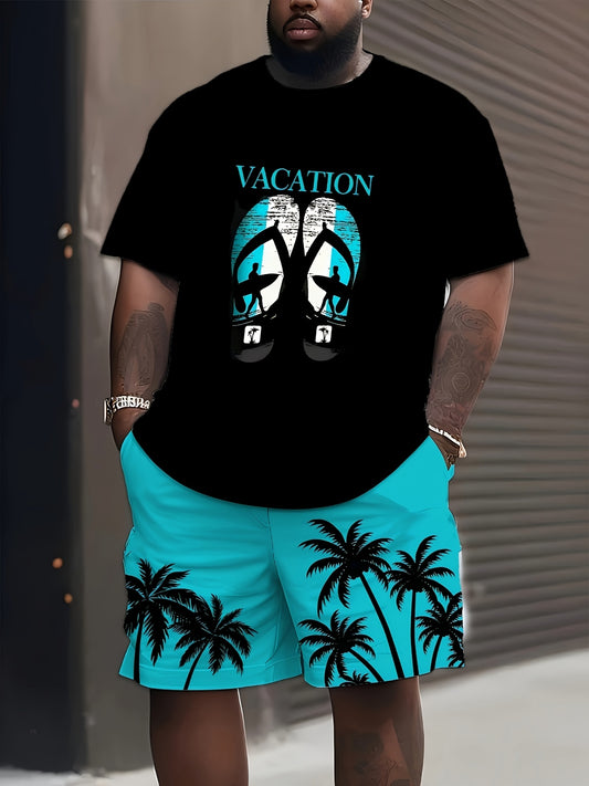 [Vacation-Themed Graphic Tee & Shorts] Plus Size 3D Digital Print Vacation-Themed Graphic Tee & Shorts Set - Breathable Polyester Blend, Casual/Sporty, Machine Washable, with Pockets & Drawstrings