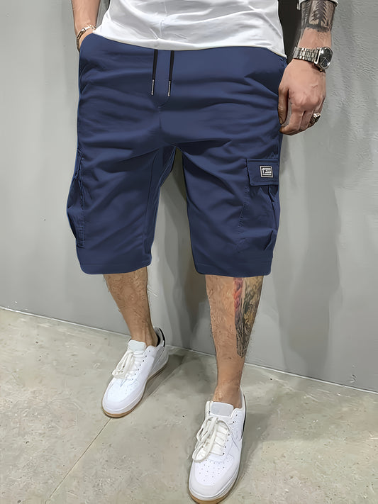 Men'S Summer Outdoor Sports Shorts, Solid Color Polyester 100% Casual Loose Fit with Drawstring, Mid Waist, Non-Stretch Woven Fabric, 136g/m² - Woven Solid Color Workwear Shorts