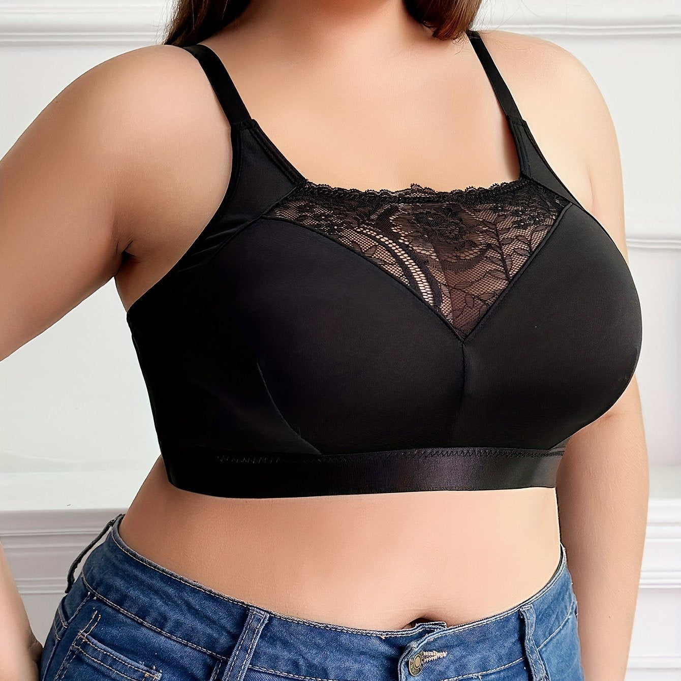 Plus Size Non Padded Contrast Lace Bralette - Attractive Full Cover Bra for Women