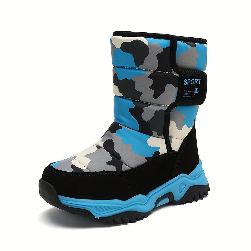 Youngsters' High-Top Winter Snow Boots - Warm Insulated TPR Sole & EVA Cushion, Camouflage Pattern (Blue/Black/Pink/Beige) | Unisex Youngsters & Youth Cold Weather Boots for Outdoor Activities