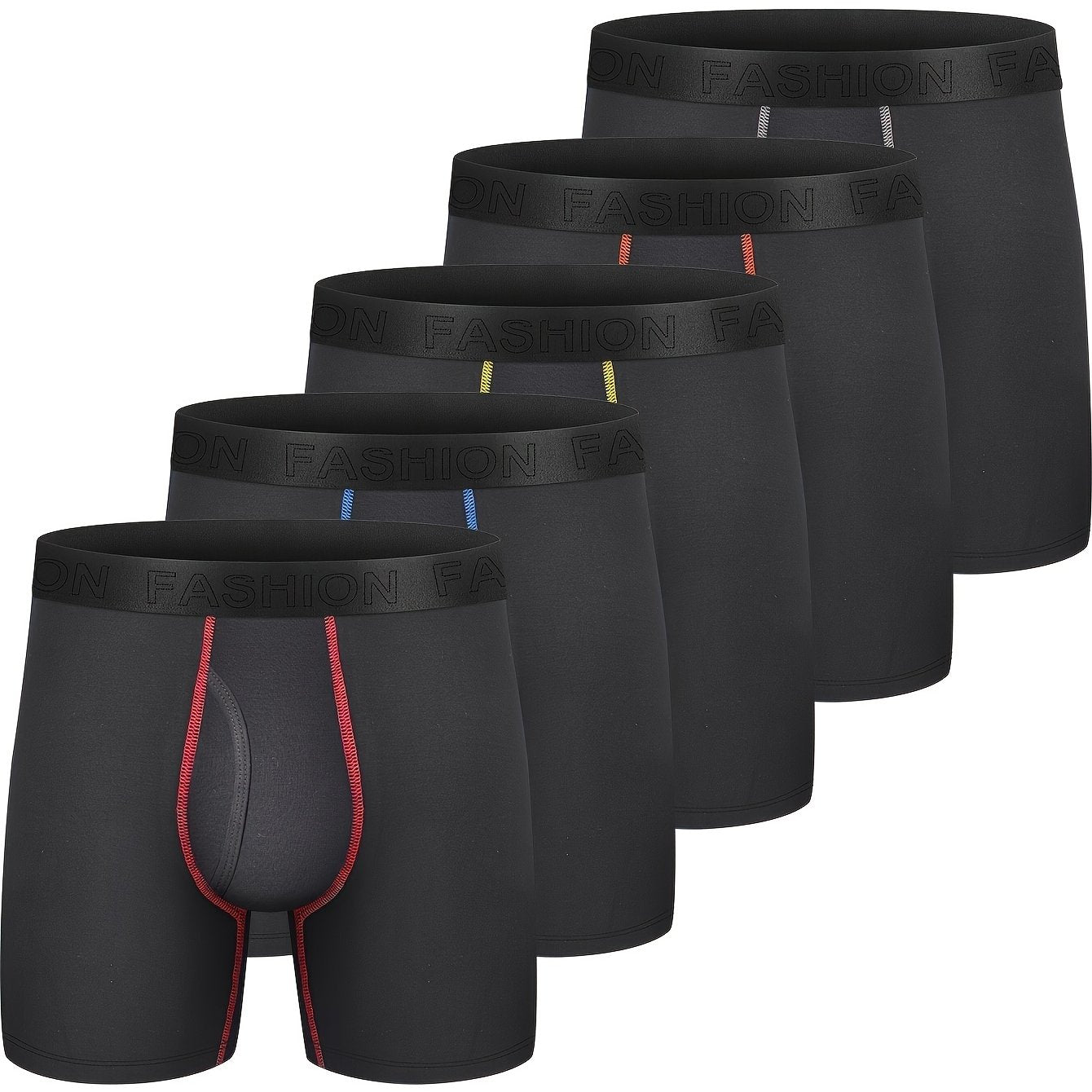 5pcs Men's Cotton Boxer Briefs - No Ride, Fly Design, Breathable & Comfortable Underwear, Black with Red/Yellow/Blue/White Stripes, Machine Washable