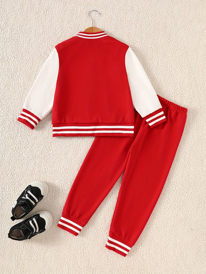 Boys' 2pcs Fall/Winter Casual Polyester Knit Baseball Suit with Long Sleeve Crew Neck Jacket and Matching Pants, Alphabet Print, Regular Fit - Button Detail, for Outdoor