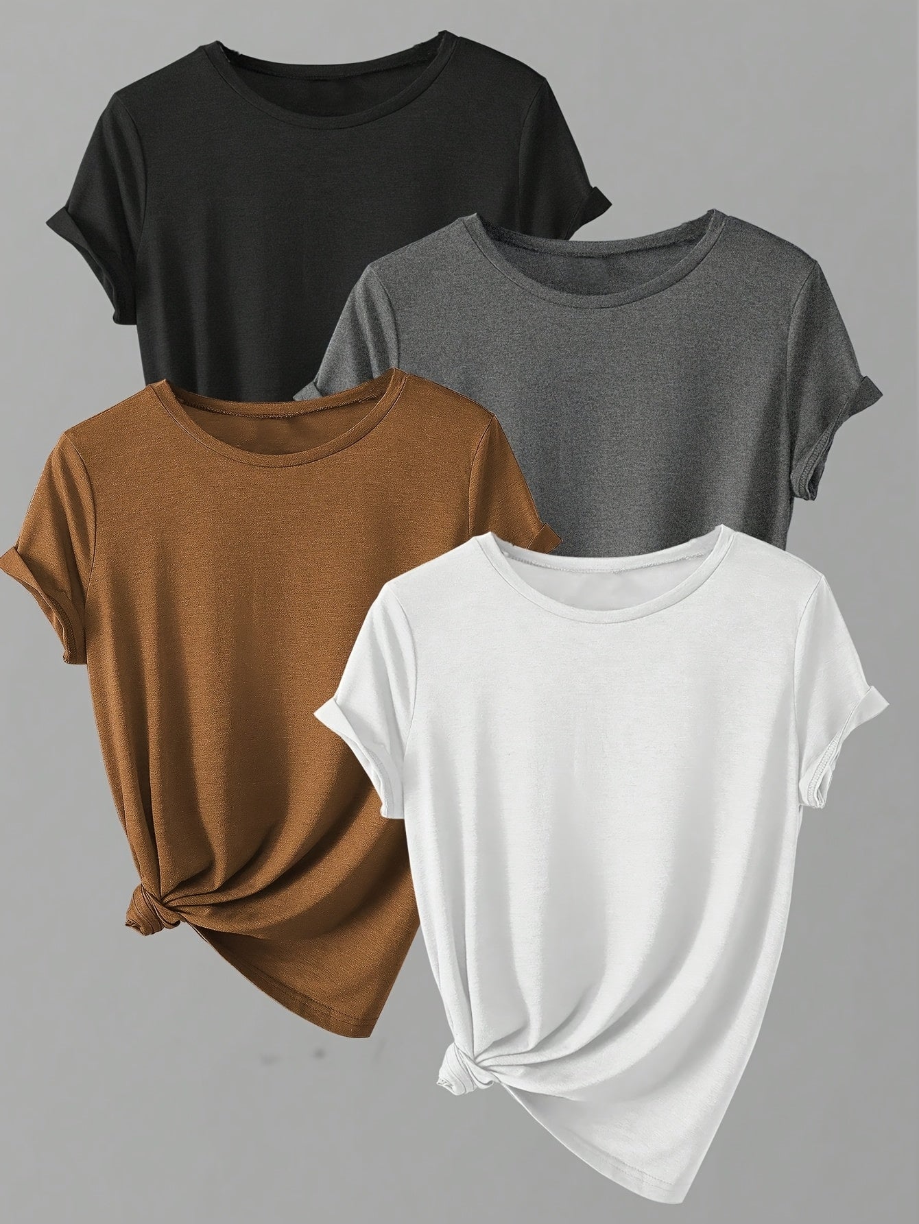 4pcs Spring & Summer Casual Crew Neck Short Sleeve Solid T-Shirt - Women's Clothing