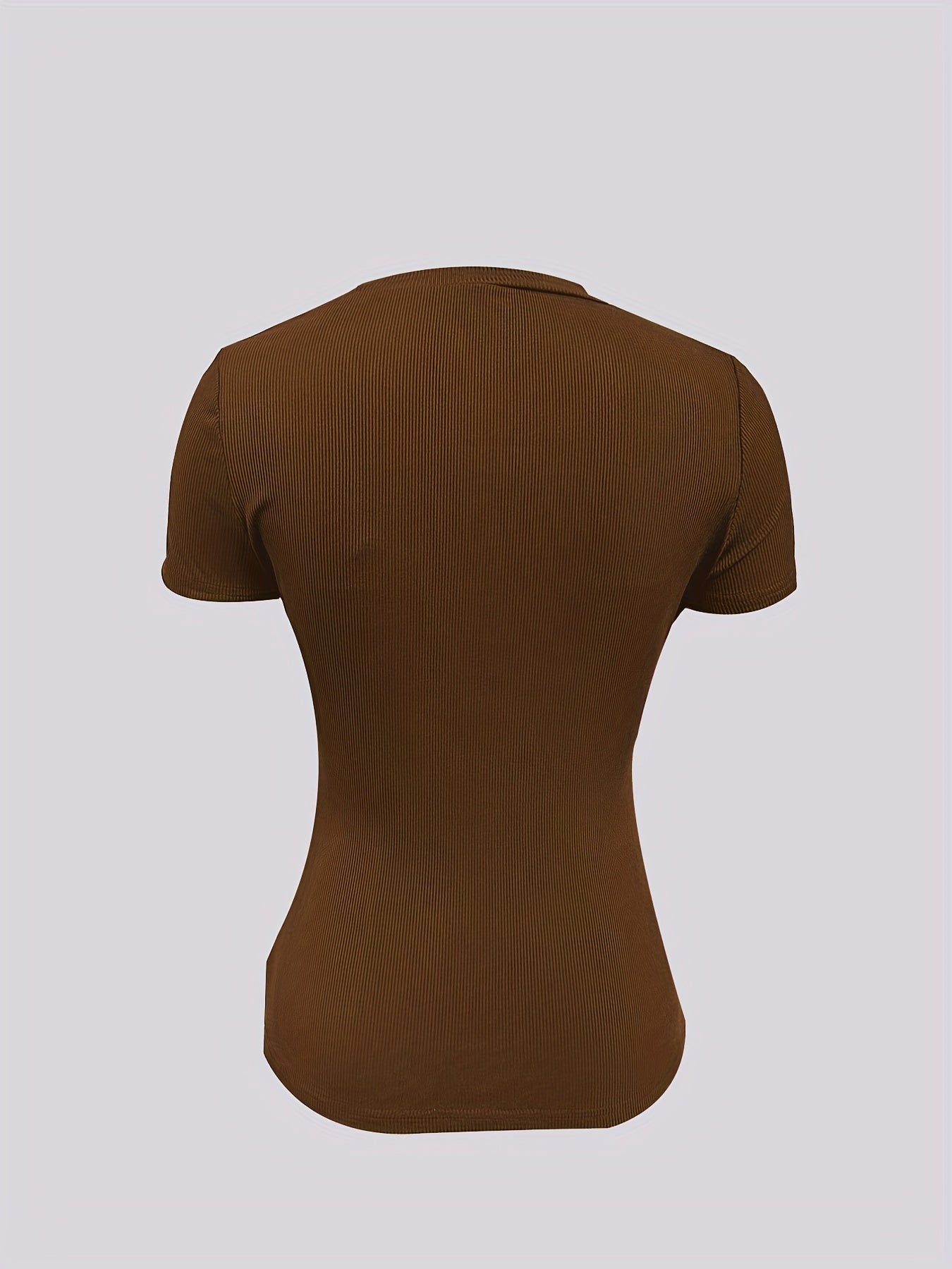 Chic Brown Zip-Up Cut-Out Tee for Women - Slimming Short Sleeve, Round Neck, Solid Color Top with Ribbed Detail, Stretchy Polyester Blend, Machine Washable - Perfect for Summer