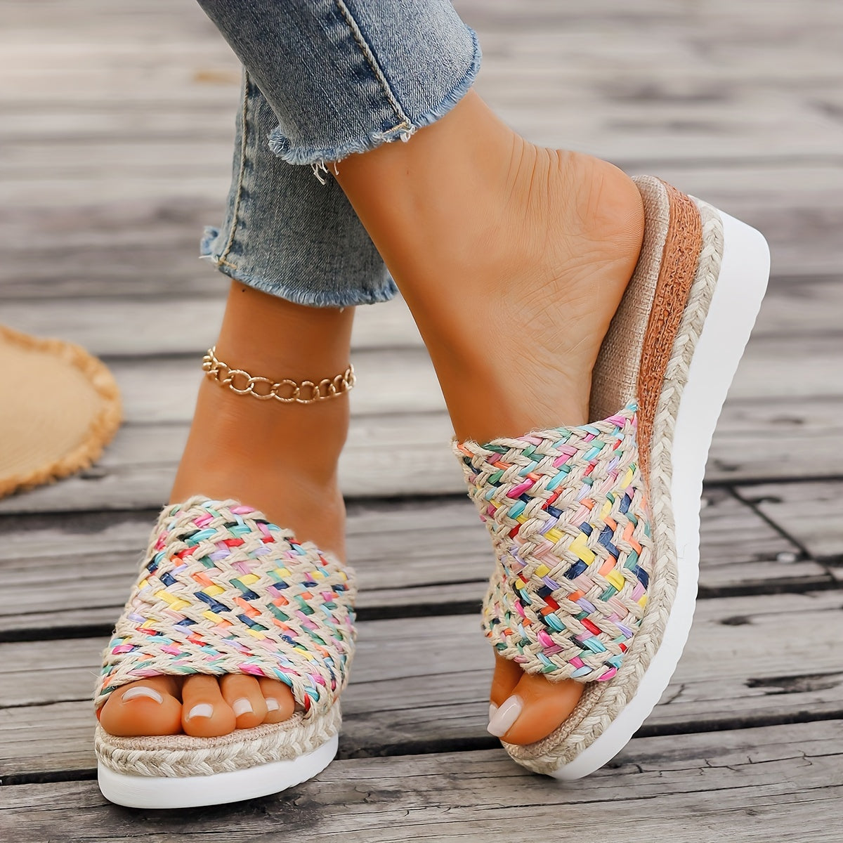 [Colorful Woven Straw Sandals] Women's Colorful Woven Straw Sandals, Platform Slip On Summer Holiday Shoes, Comfort Wedge Beach Shoes