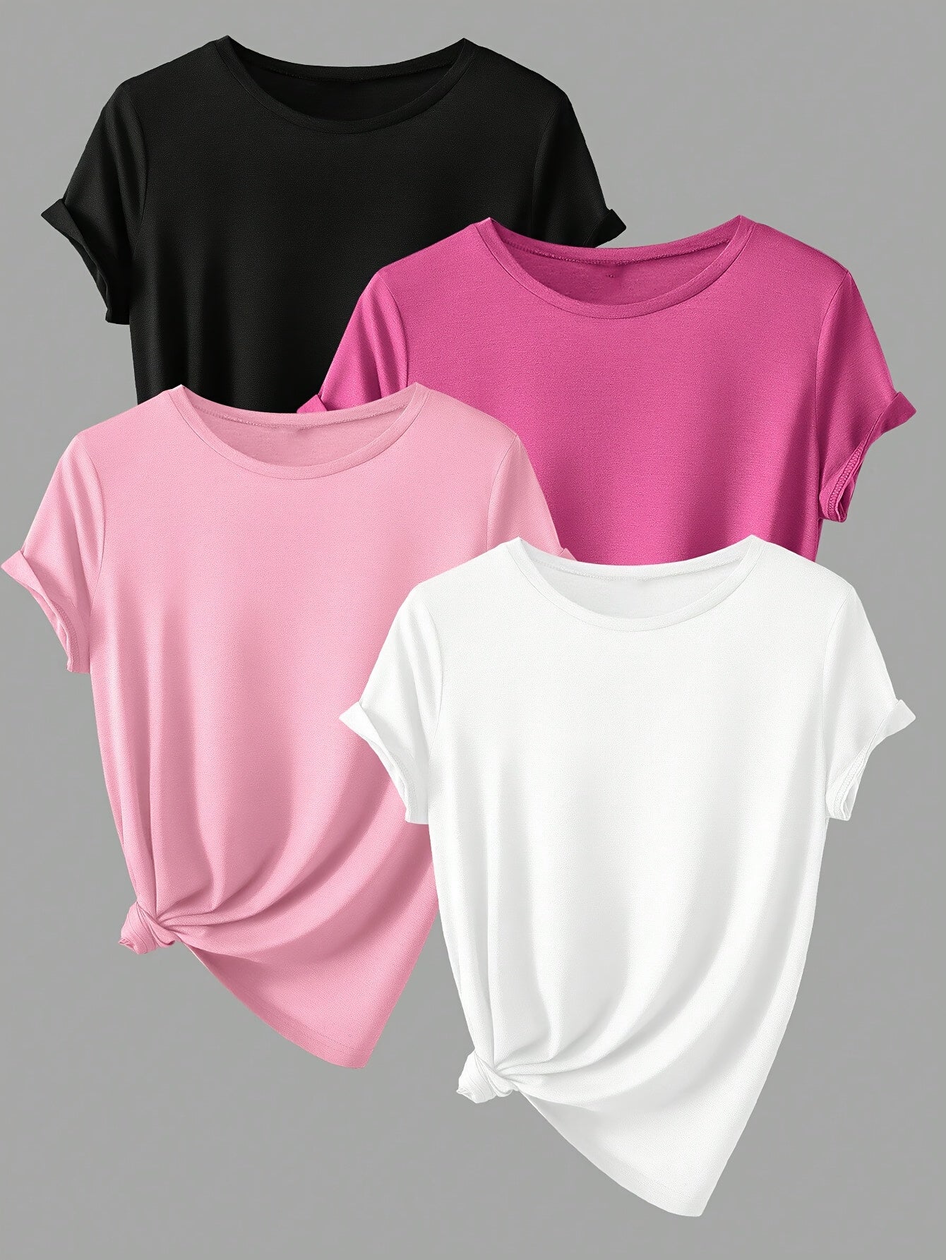 4pcs Spring & Summer Casual Crew Neck Short Sleeve Solid T-Shirt - Women's Clothing