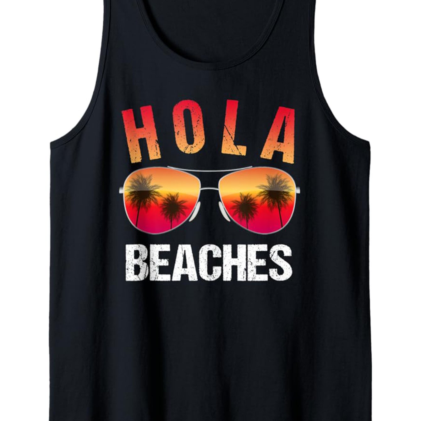 Men's 100% Cotton Sleeveless Tank Top - "HOLA BEACHES" Graphic Print, Casual Round Neck Summer Tee with Palm Tree & Fashion Glasses Design, Loose Fit for Outdoor Leisure, Casual Outings Attire | Playful Print Tee | Loose Fit