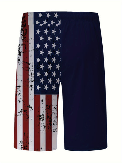 Chic Contrast Color American Flag Pattern Print Shorts - Men's Drawstring Pockets Summer Outdoors Sports Wear