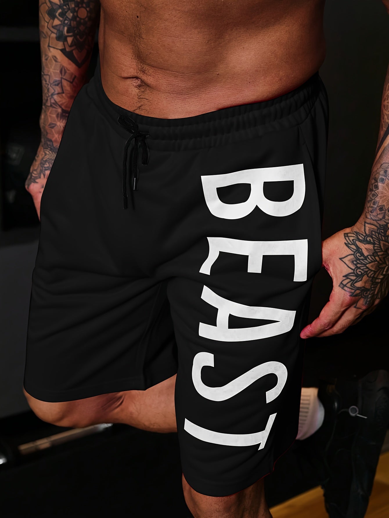 Letter Print "BEAST" Shorts With Drawstring And Pockets, Chic And Stylish Sports Shorts For Men's Summer Fitness And Outdoors Wear