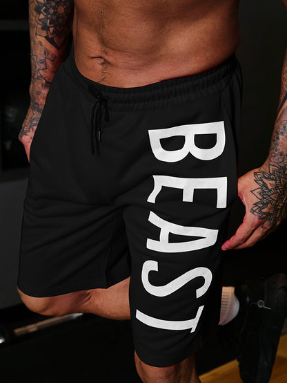 Letter Print "BEAST" Shorts With Drawstring And Pockets, Chic And Stylish Sports Shorts For Men's Summer Fitness And Outdoors Wear