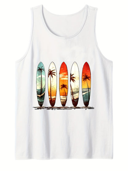 Men's Cotton Graphic Tee - Comfy, Casual, Sleeveless Tank Top with Beach Palm Trees Print for Summer Outdoor Wear