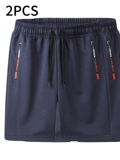 [Machine Washable] Men's Casual Outdoor Sports Shorts | 2pcs | 100% Polyester Knit Fabric | Drawstring Waistband, Zipper Pockets, Machine Washable | Summer Activities | Large, Sweatpants | Smooth Fabric