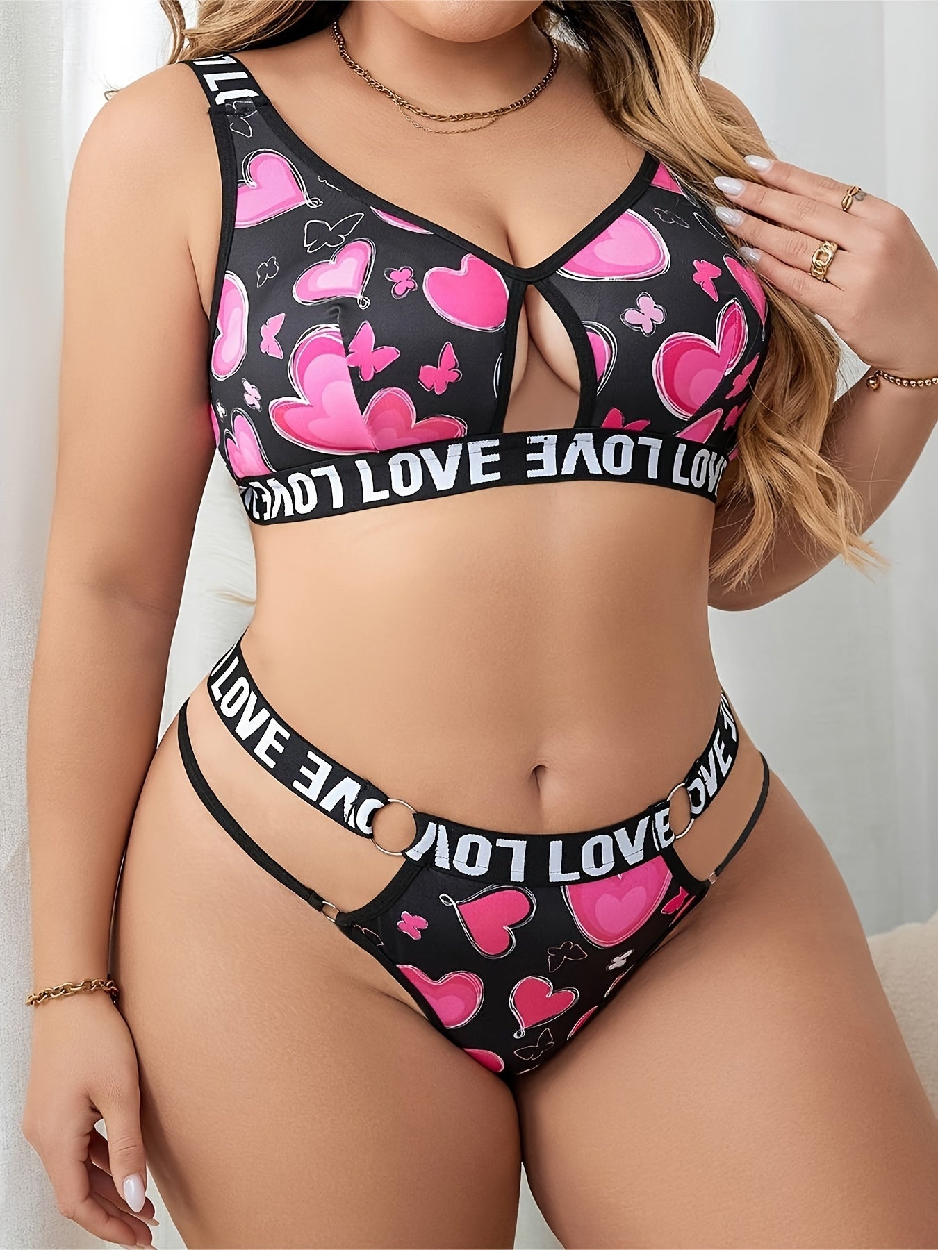 Women's Plus Sexy Lingerie Set - Plus Size Heart Print Letter Tape Cut-out Ring Linked Bra & Panty Lingerie 2 Piece Set - For Women - Perfect for Romantic Occasions - Ideal Gift for Her