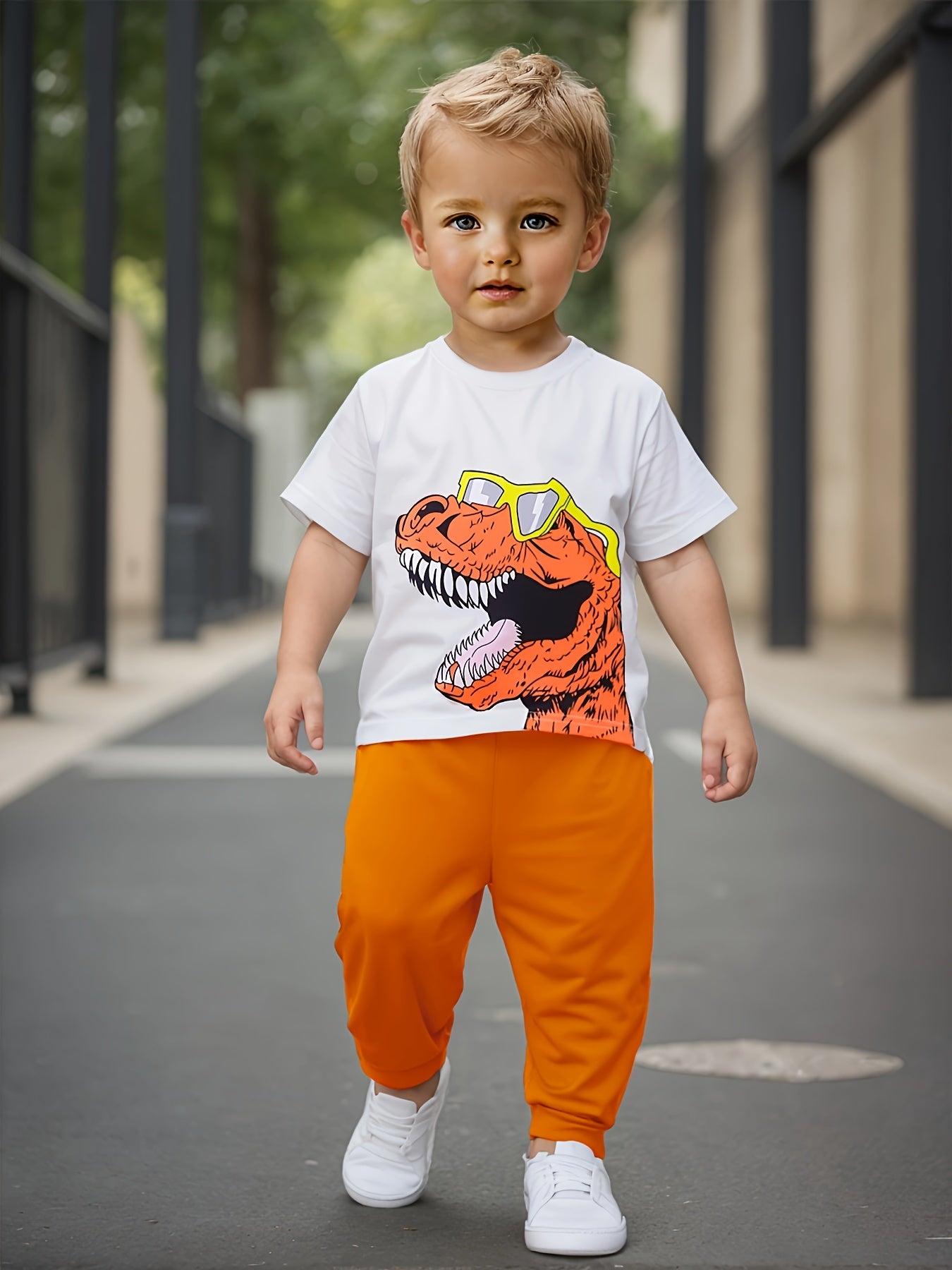 European and American baby boy spring and summer popular glasses dinosaur print T-shirt+pants two-piece set [targeted development]