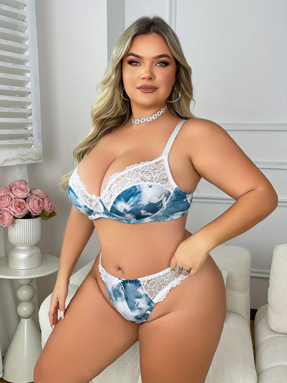 Sexy Floral Print Plus Size Lingerie Set - Medium Support Bra & Thong Panties, Machine Washable, Elegant Contrast Lace