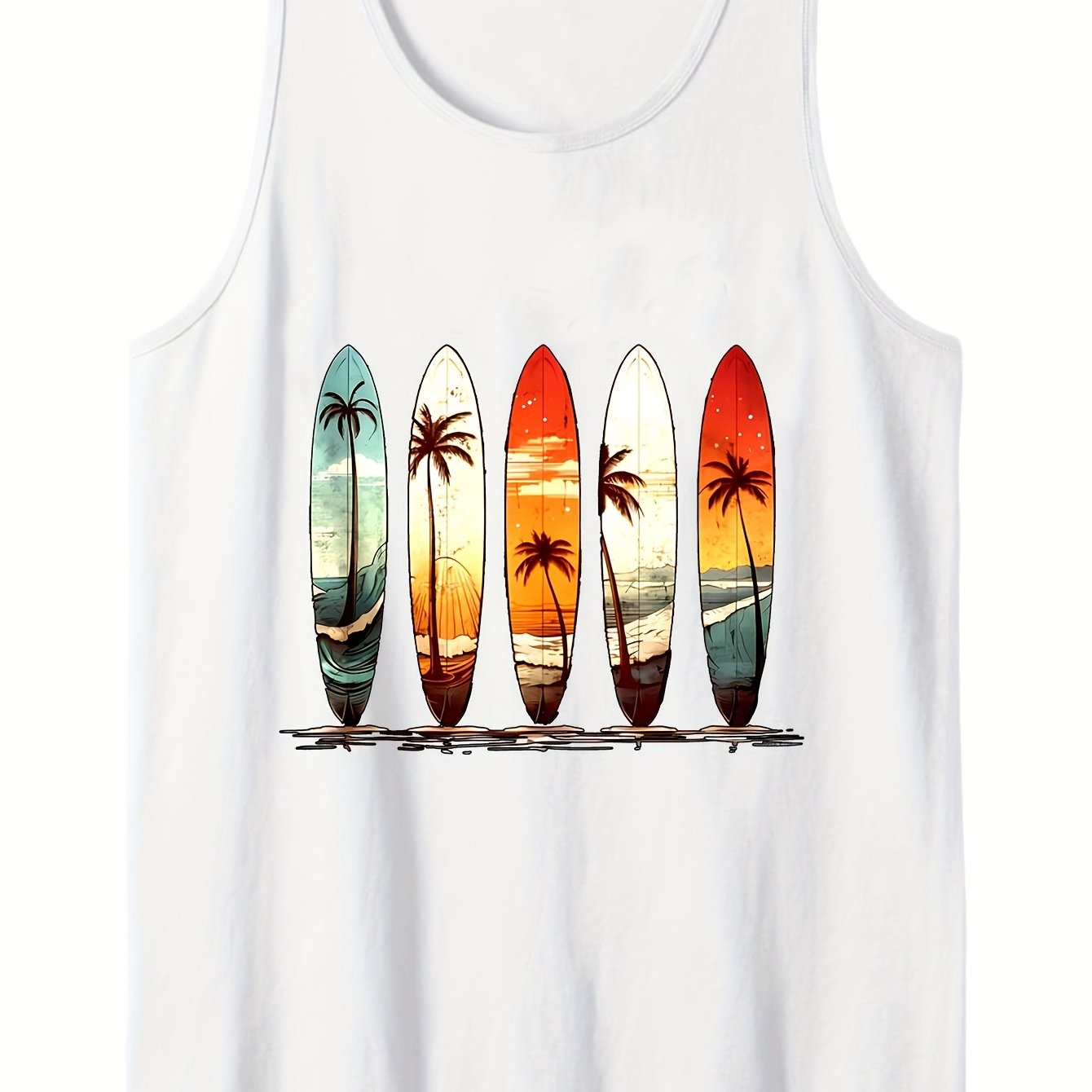 Men's Cotton Graphic Tee - Comfy, Casual, Sleeveless Tank Top with Beach Palm Trees Print for Summer Outdoor Wear