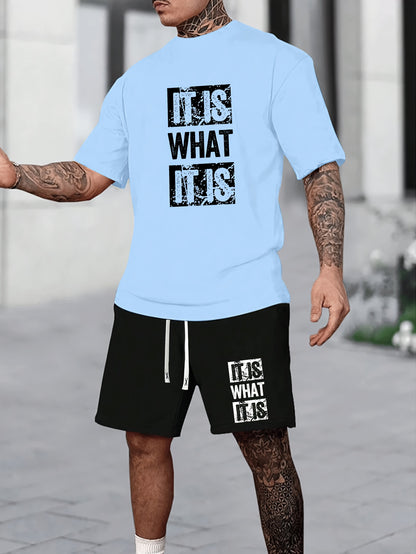 Summer Sportswear Set for Men - Vibrant Orange "IT IS WHAT IT IS" T-Shirt & Black Drawstring Shorts, Polyester Blend, Machine Washable