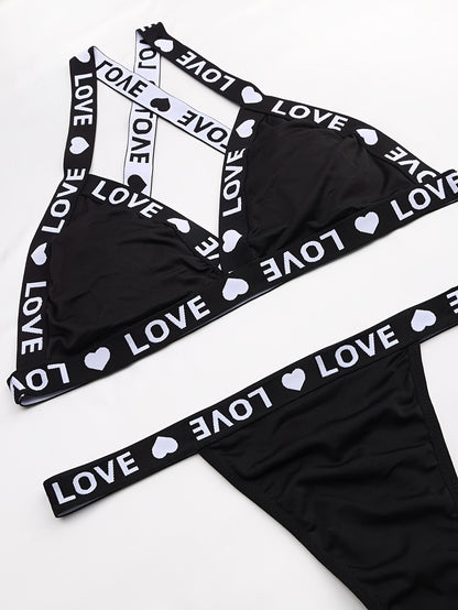 Plus Size Solid Color Heart Print Love Letter Tape Triangle Bra & Thong, Cross Strape Sports Style Cami Bra & Panty, Women's Sexy Lingerie & Underwear