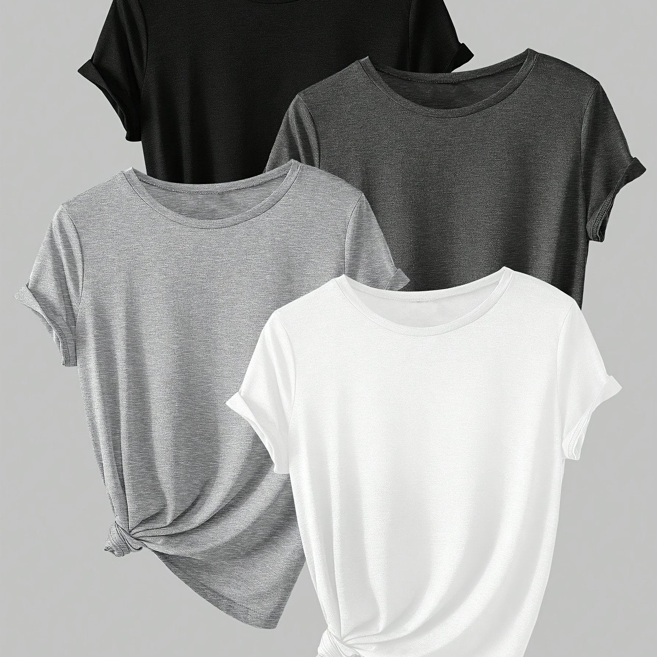 4pcs Spring & Summer Casual Crew Neck Short Sleeve Solid T-Shirt - Women's Clothing