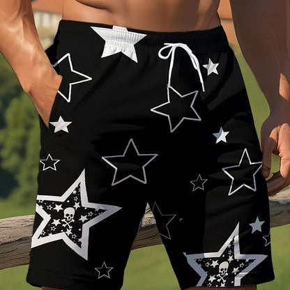 [Men's Beach Resort Active Shorts] Men's Casual Star Print Active Shorts, Drawstring Beach Shorts for Summer Beach Resort