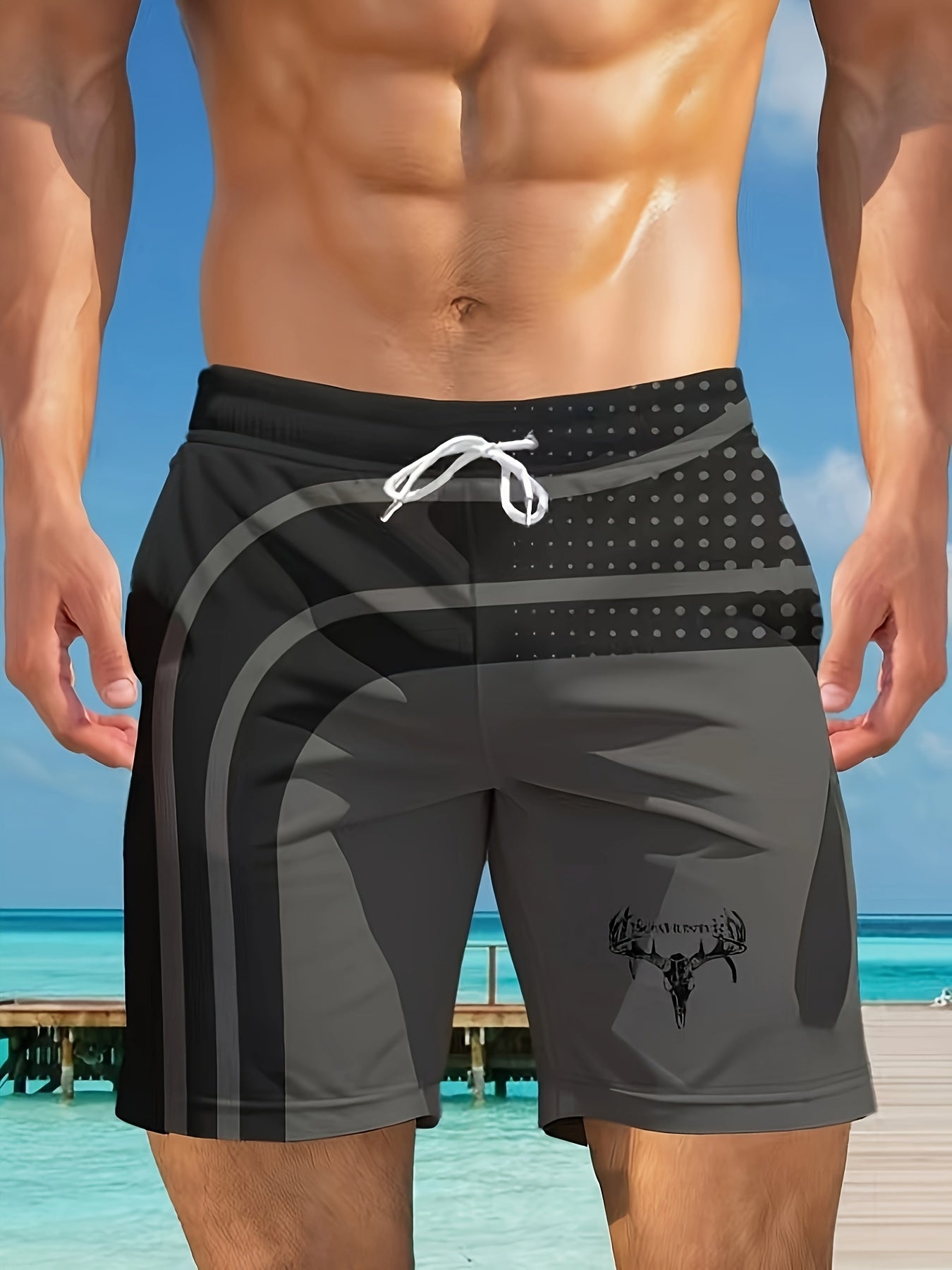 Men's Stylish Geometric Print Swim Trunks with Pockets, Breathable Drawstring Waist, Black & Gray Design, Perfect for Beach & Outdoor Activities