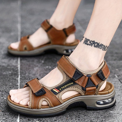 Premium Leather Casual Summer Sandals - Men's Open-Toe Beach Sandals with Air Cushion, Adjustable Hook-and-loop Fastener Straps, Breathable Mesh Lining - Durable Construction, Outdoor Sandals, Adjustable Strap Sandals