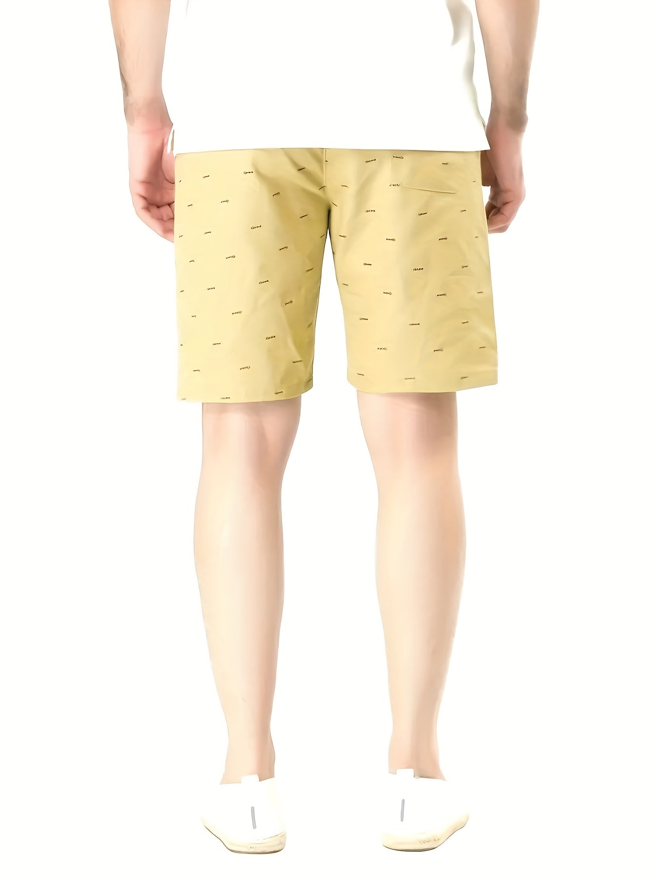 Men's Casual Beige Drawstring Shorts with All-Over Print - Lightweight Polyester, Adjustable Waistband, Machine Washable, Perfect for Summer Leisure